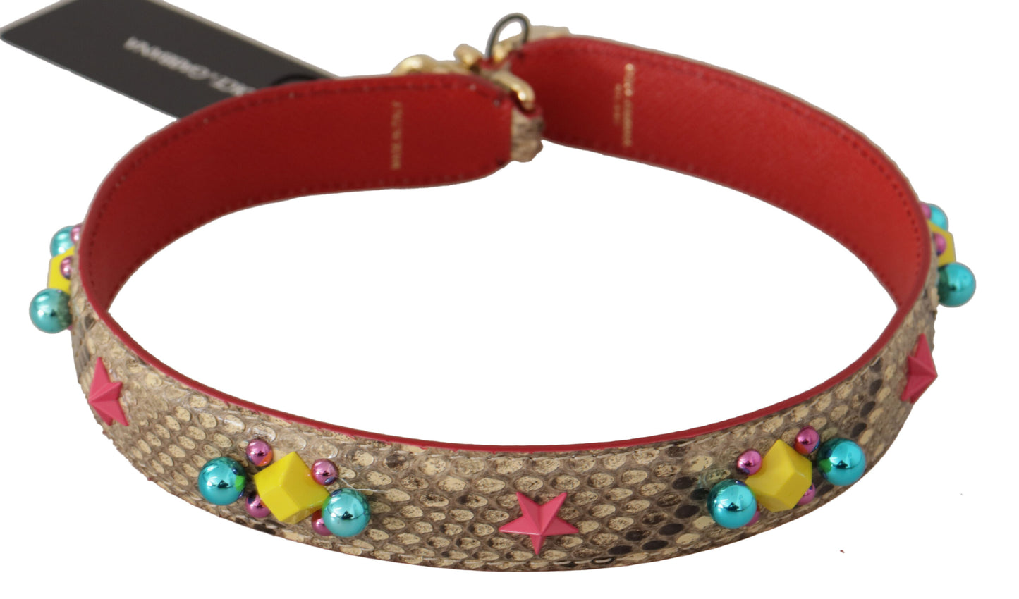 حقيبة دولتشي آند غابانا بحزام كتف من جلد الثعبان البيج مزينة بالكريستالات