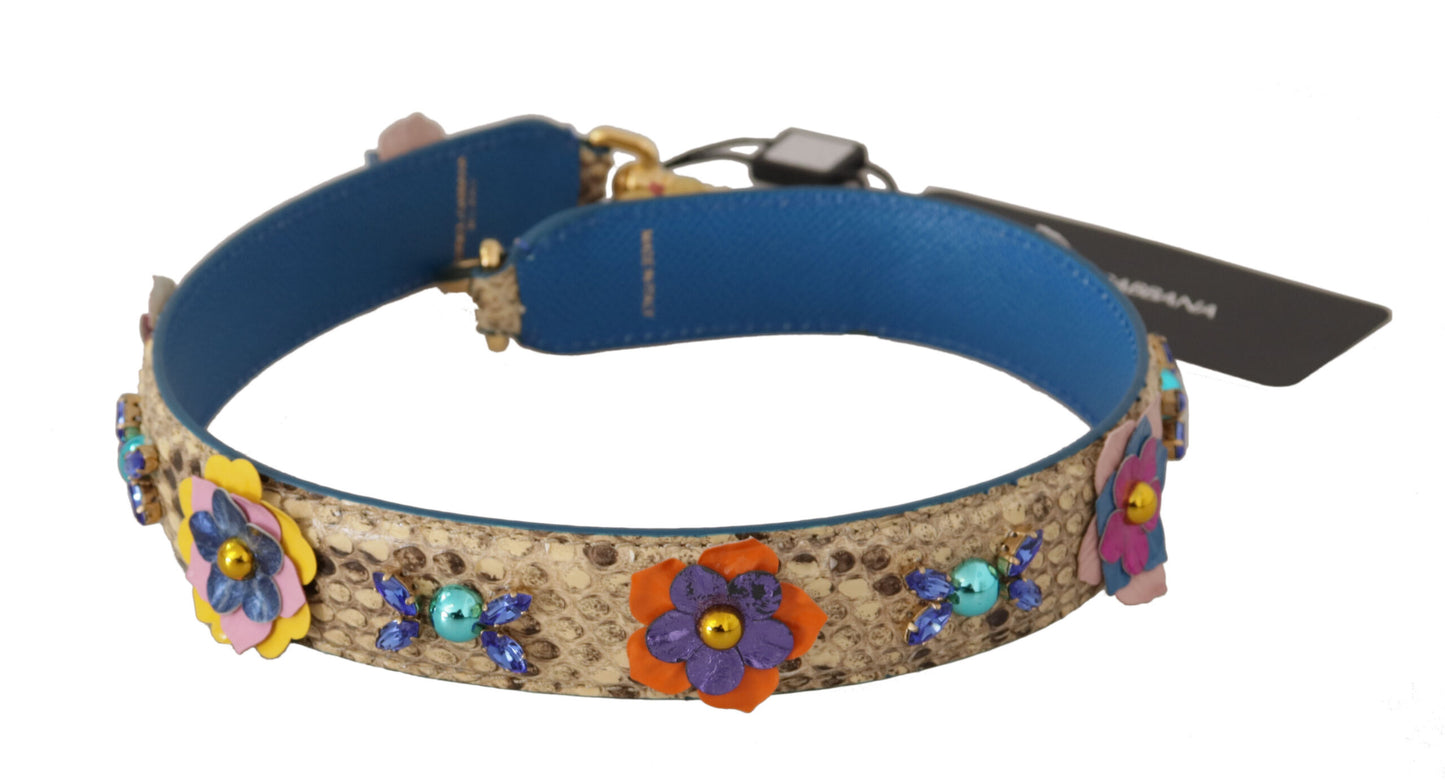 حقيبة دولتشي آند غابانا بحزام كتف مرصع بالزهور من جلد الثعبان البيج