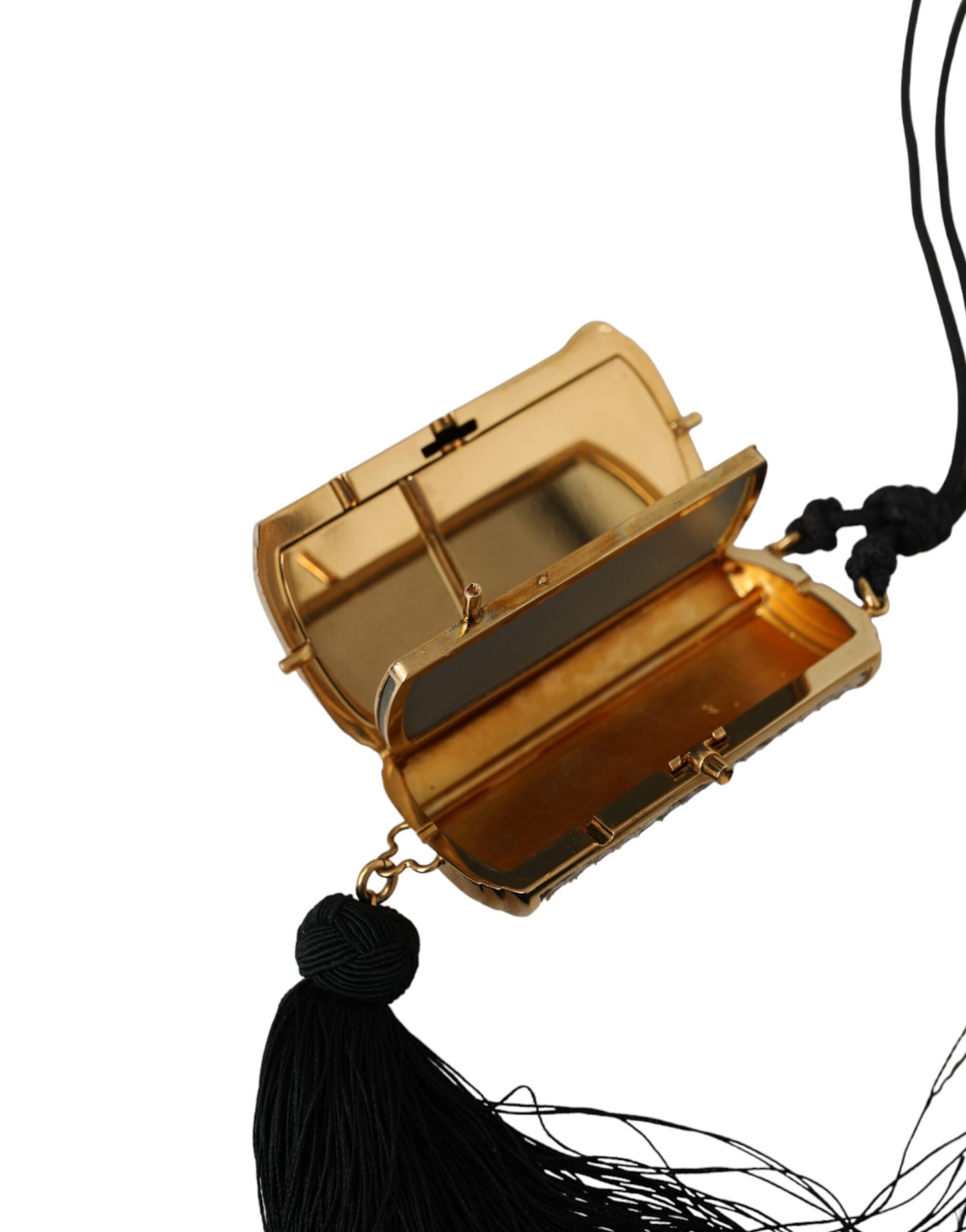 حقيبة دولتشي آند غابانا الصغيرة من الجلد الطبيعي باللون البيج مع مرآة صغيرة وشرابة لحمل مستحضرات التجميل