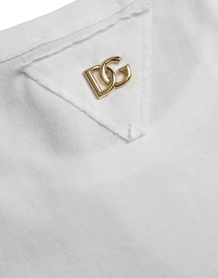 تي شيرت دولتشي آند غابانا أبيض من القطن بشعار مزهر ورقبة دائرية