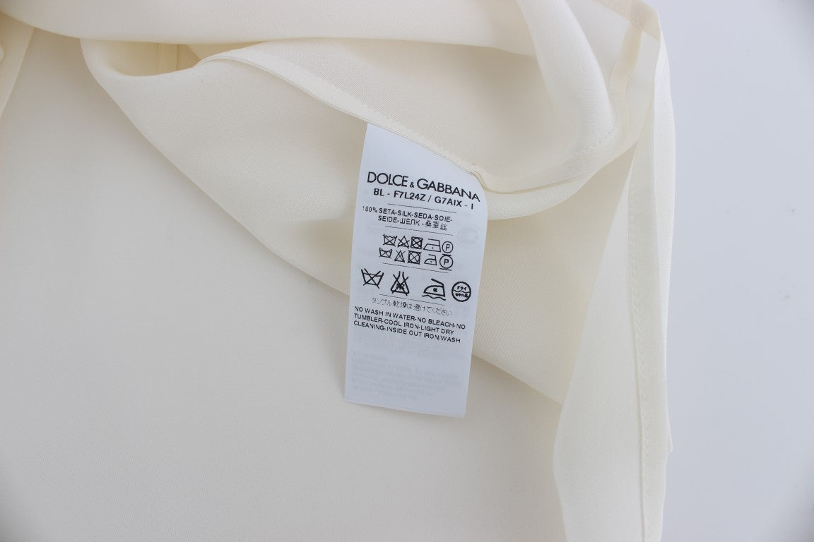 دولتشي آند غابانا بلوزة تي شيرت حريرية مطرزة باللون الأبيض