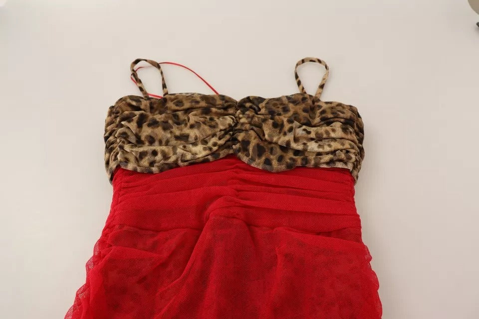 فستان دولتشي آند غابانا بني من قماش التول الأحمر بنقشة جلد النمر