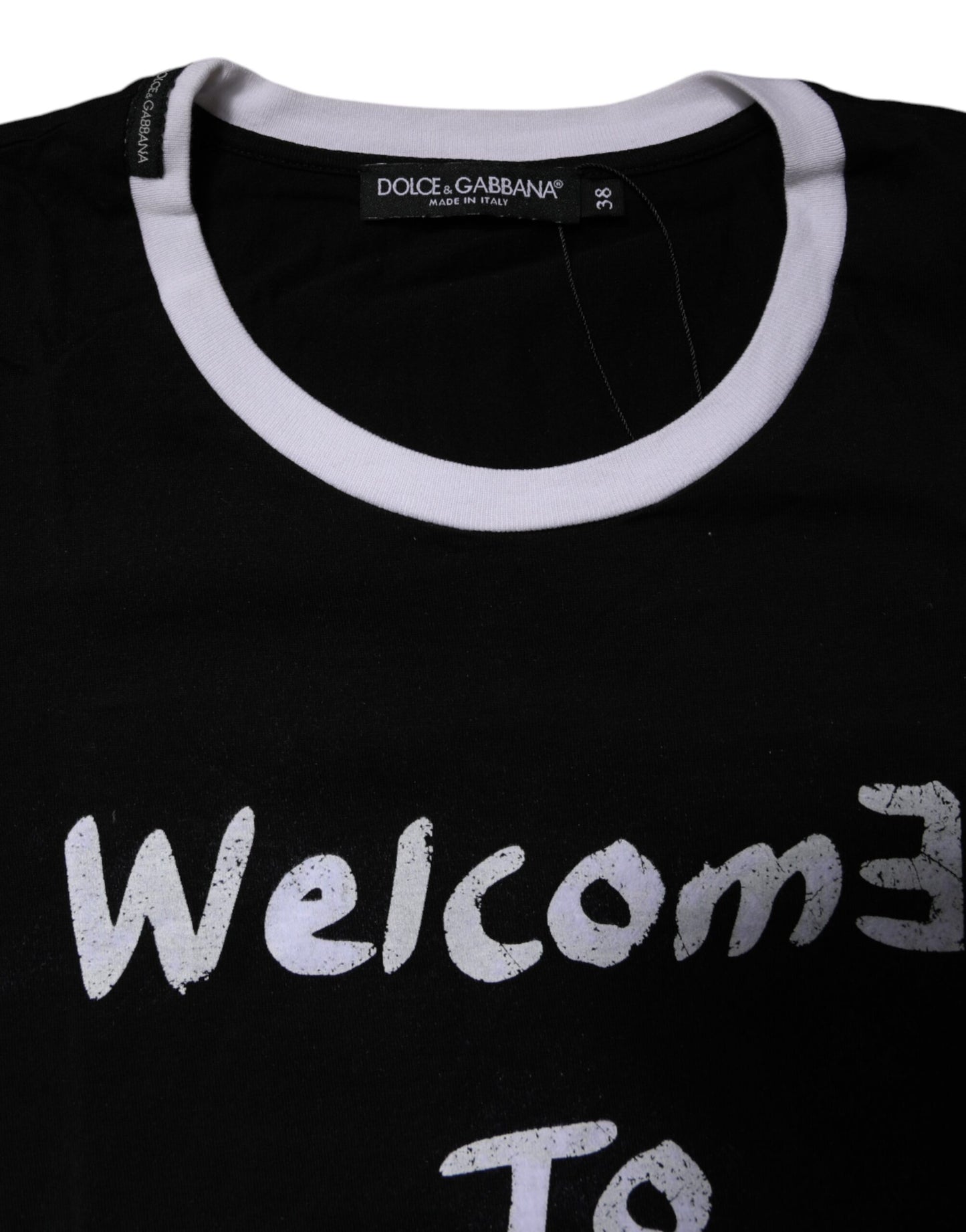 تي شيرت قطني أسود مطبوع برقبة دائرية من دولتشي آند غابانا