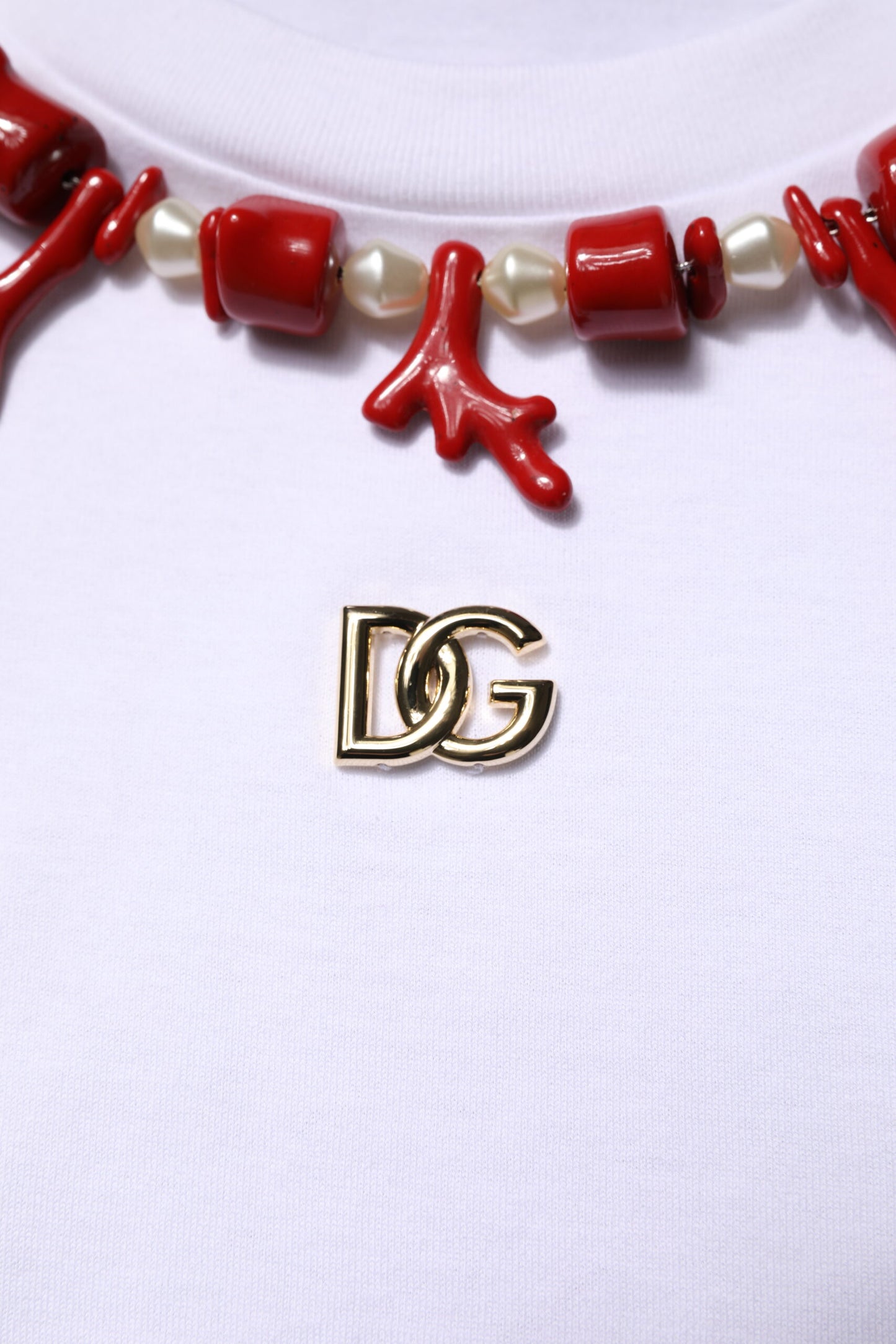 تي شيرت دولتشي آند غابانا أبيض مزخرف من القطن برقبة دائرية