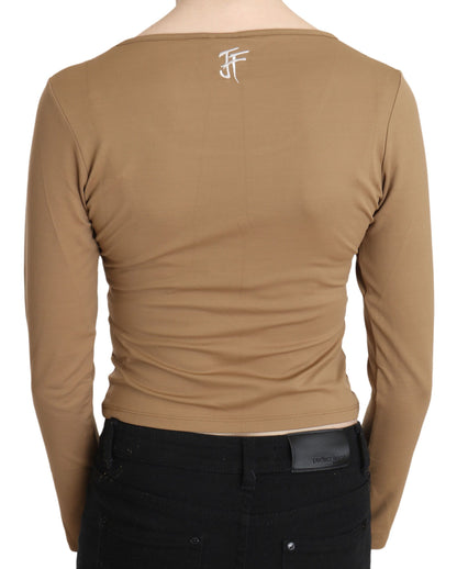 GF Ferre Brown Round Neck Long Sleeve Slim Crop Top Blouse