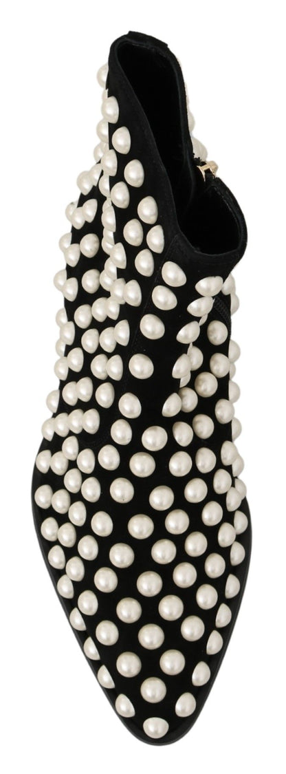 حذاء دولتشي آند غابانا أسود من جلد الغزال مرصع باللؤلؤ