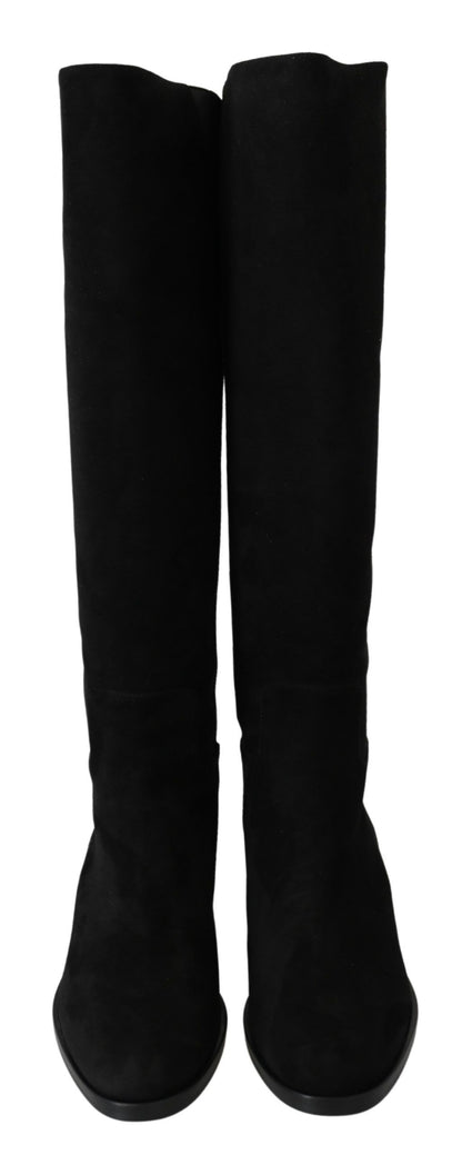 حذاء دولتشي آند غابانا أسود من جلد الغزال، بوت مسطح يصل إلى الركبة