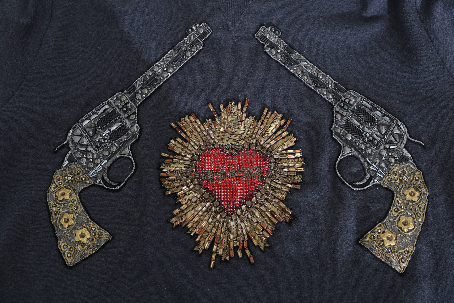 Dolce & Gabbana Gray Hooded Red Crystal Heart Gun Sweater