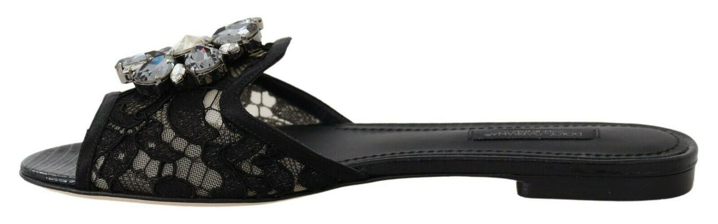 Dolce & Gabbana Black Taormina Lace Slides Crystals Flats Shoes