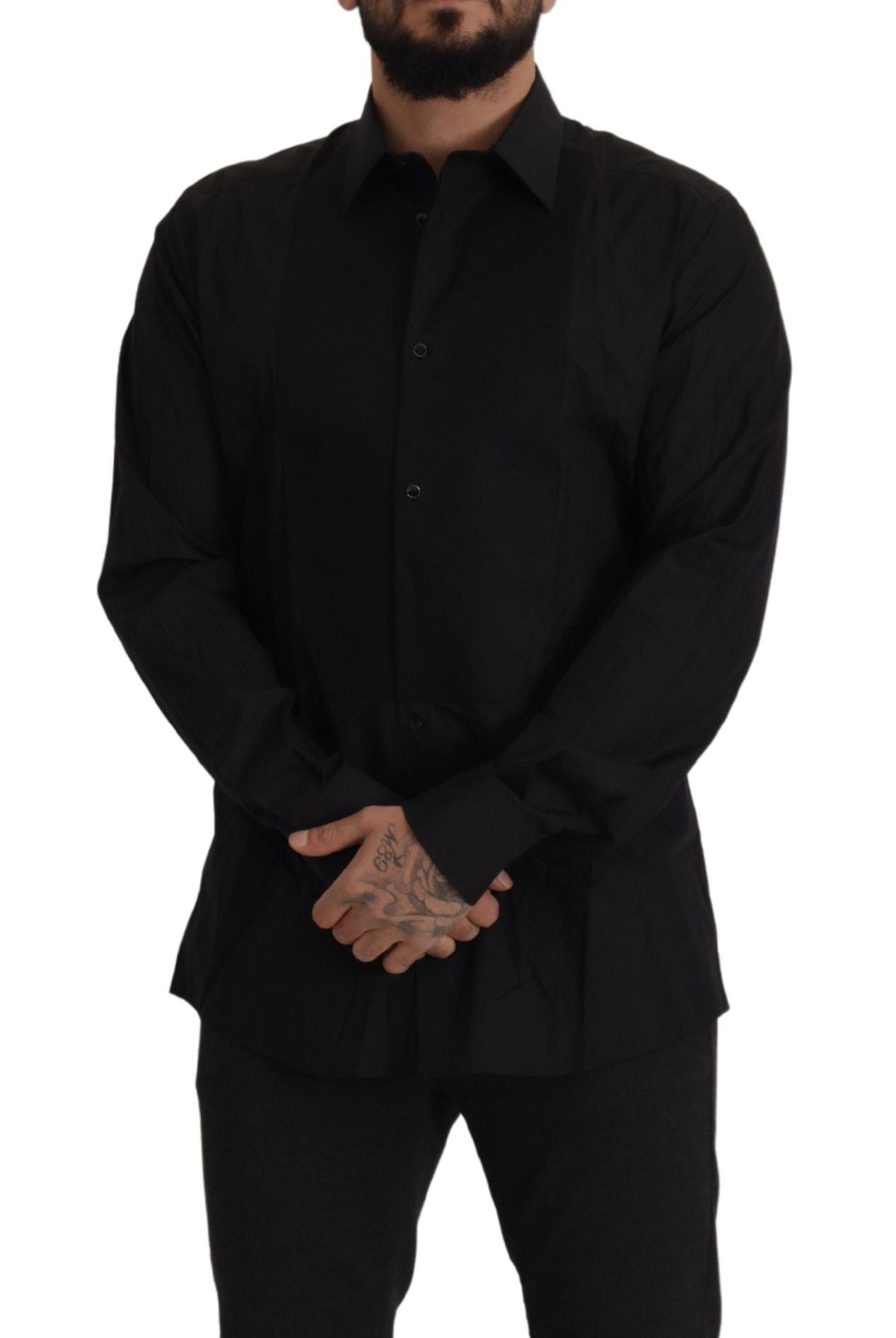 قميص دولتشي آند غابانا الأسود الذهبي ذو قصة ضيقة