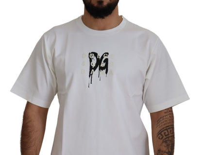 تي شيرت دولتشي آند غابانا أبيض قطني بياقة دائرية وطبعة شعار