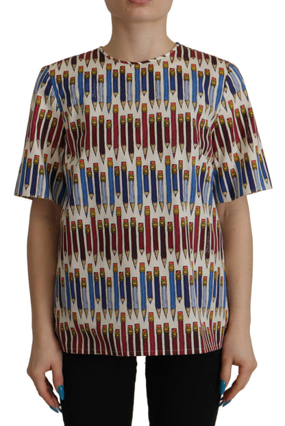 بلوزة تي شيرت قطنية بطبعة قلم رصاص بيضاء من دولتشي آند غابانا