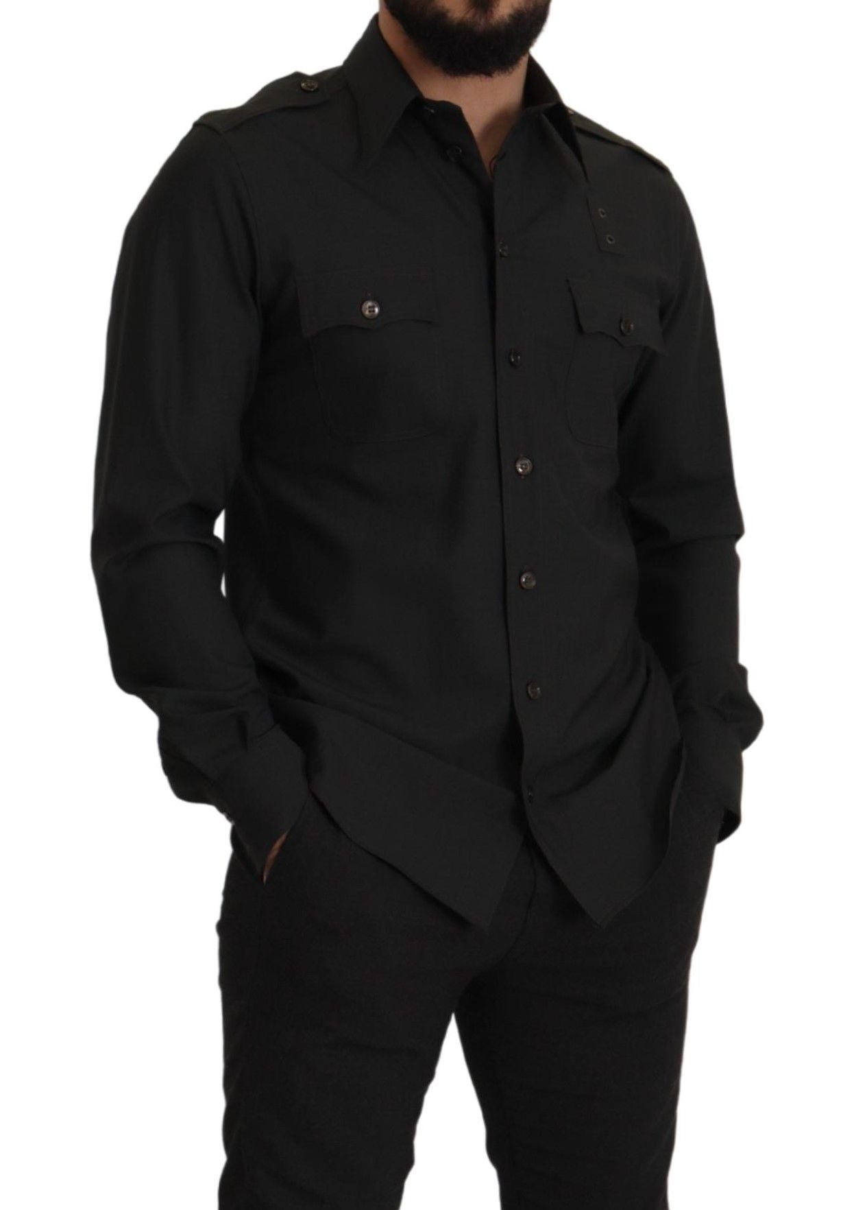 قميص رجالي كاجوال ضيق من القطن باللون الأخضر الداكن من دولتشي آند غابانا