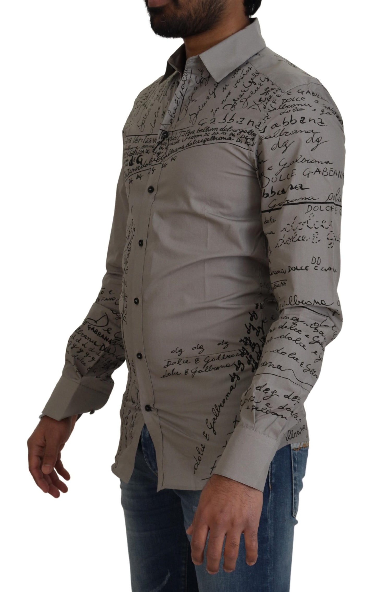 فستان دولتشي آند غابانا رمادي من القطن المطبوع، قميص ذهبي