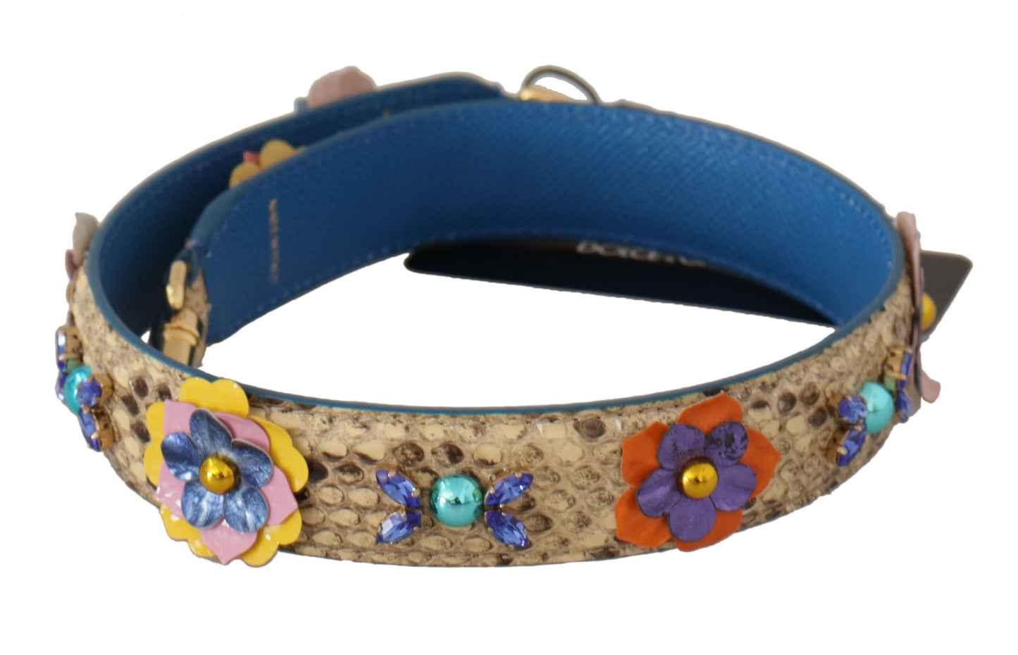 حقيبة دولتشي آند غابانا بحزام كتف مرصع بالزهور من جلد الثعبان البيج