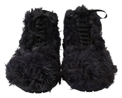 Dolce & Gabbana Black Leather Combat Shearling Boots Shoes