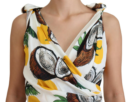 فستان دولتشي آند غابانا قصير من الحرير بطبعة جوز الهند باللون الأبيض