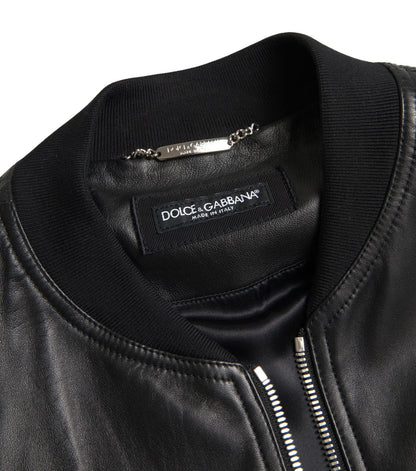 Dolce & Gabbana Black Leather Full Zip Bomber Men Jacket
