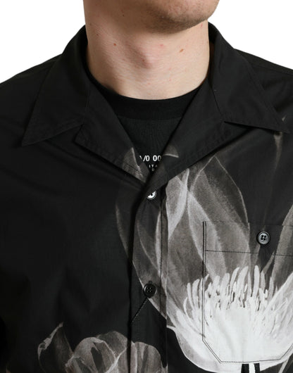 قميص رجالي من دولتشي آند غابانا، أسود، قطني، بأكمام طويلة، مزين بنقشة زهور