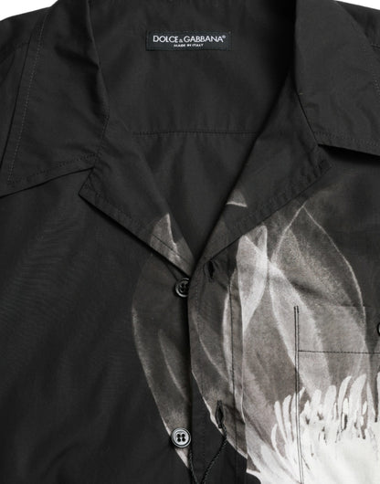 قميص رجالي من دولتشي آند غابانا، أسود، قطني، بأكمام طويلة، مزين بنقشة زهور
