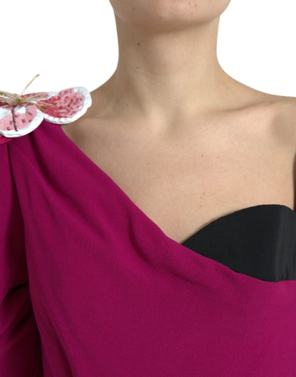 فستان دولتشي آند غابانا بكتف واحد مزين بزهرة بنفسجية