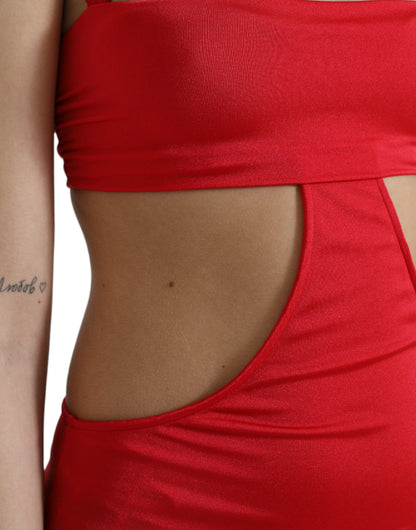 فستان دولتشي آند غابانا قصير أحمر اللون من النايلون بفتحة وأكمام قصيرة