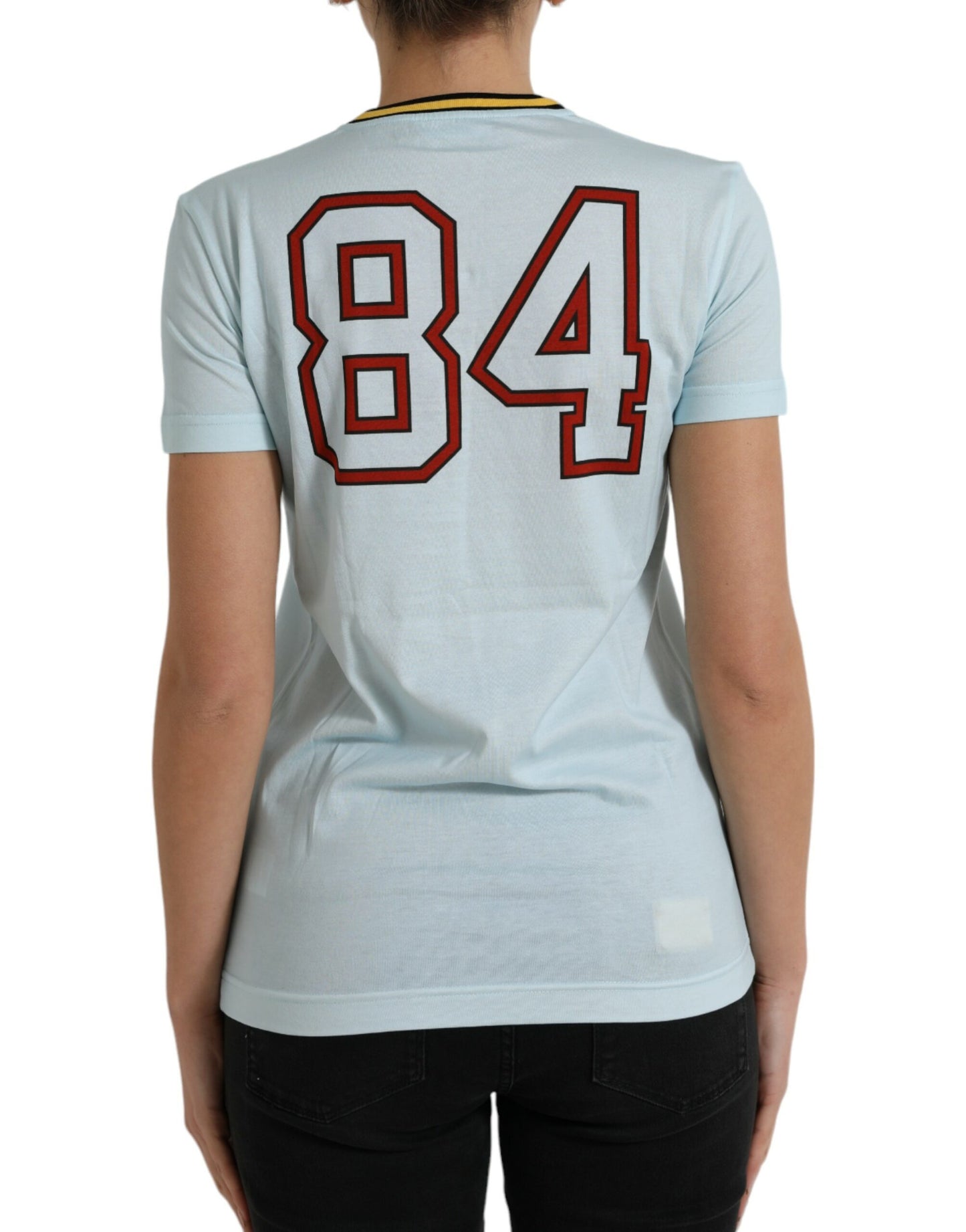 تي شيرت دولتشي آند غابانا أزرق فاتح من القطن بياقة دائرية وطبعة حب حر