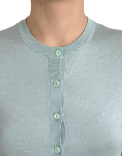 سترة كارديجان من دولتشي آند غابانا باللون الأزرق الفاتح من الحرير بياقة دائرية