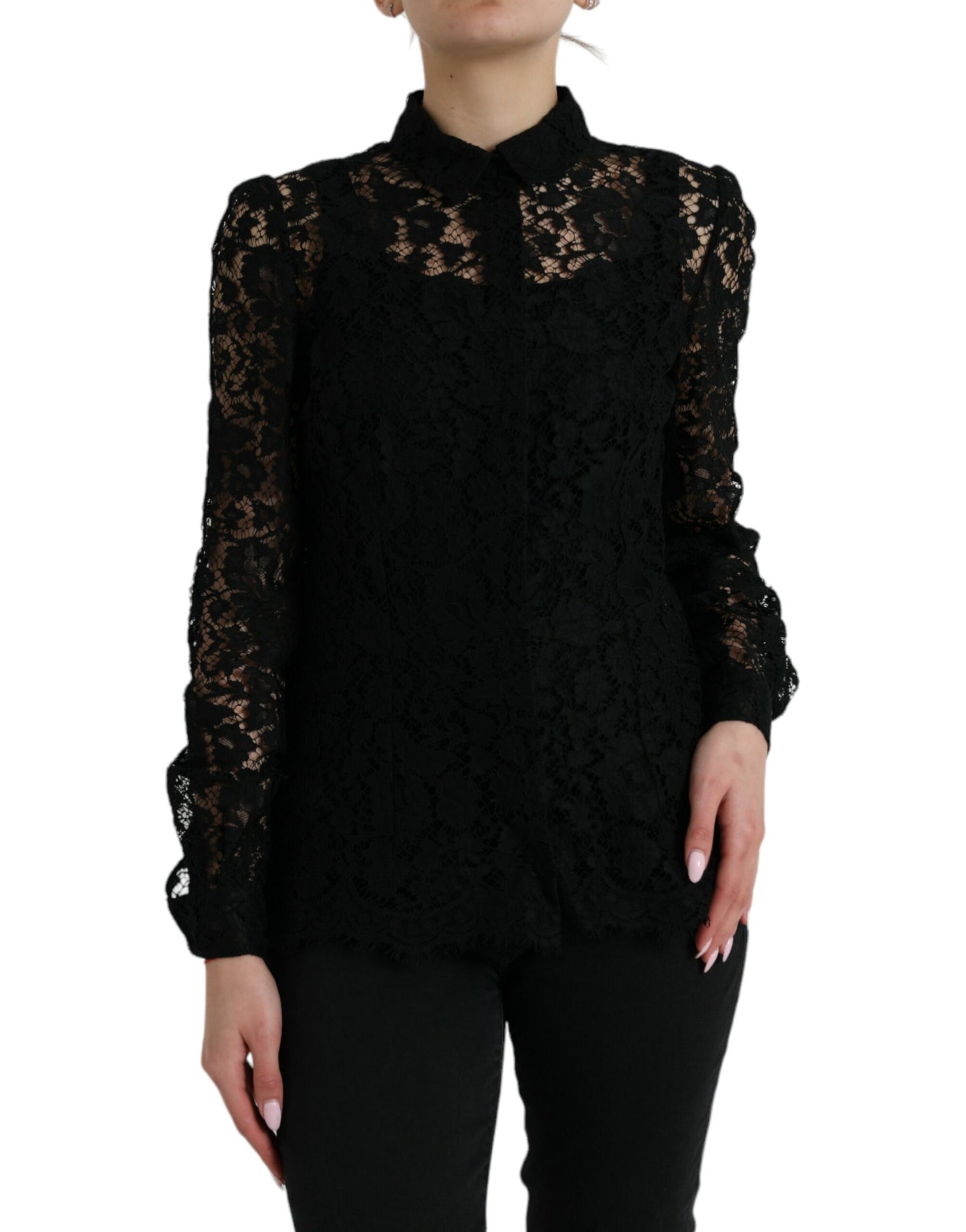 Dolce & Gabbana Black Floral Lace Long Sleeves Blouse Top