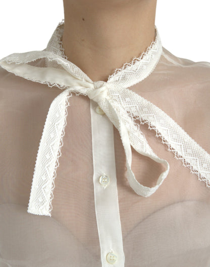 Dolce & Gabbana White Silk Long Sleeves Ascot Collar Top