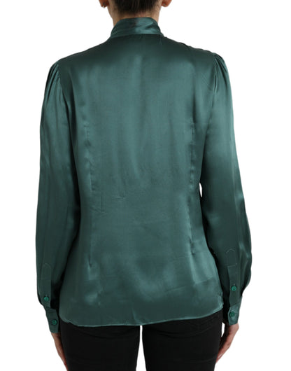 Dolce & Gabbana Dark Green Silk Ascot Collar Blouse Top