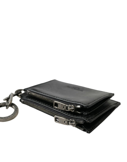 سلسلة مفاتيح بسحاب وشعار دولتشي آند غابانا من الجلد الأسود، محفظة نقود معدنية، سلسلة مفاتيح، محفظة