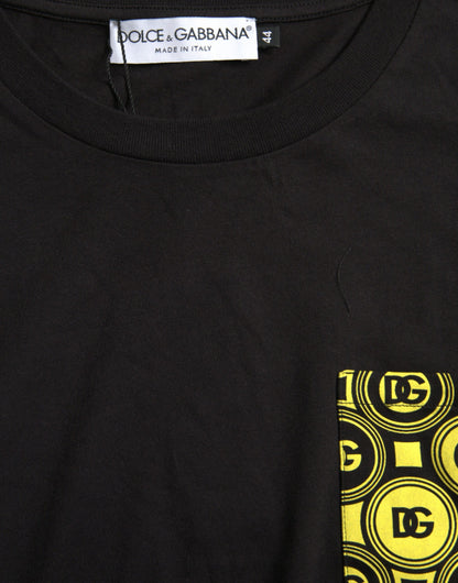 تي شيرت دولتشي آند غابانا أسود مطبوع بجيوب من القطن بياقة دائرية