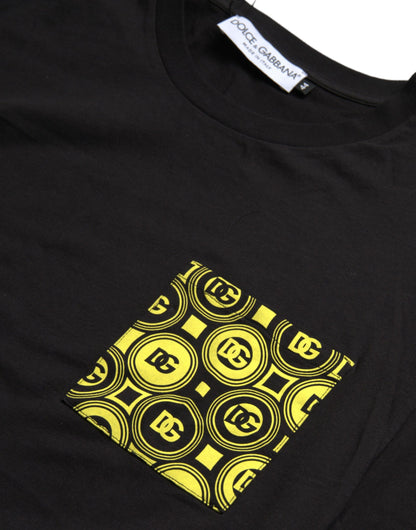 تي شيرت دولتشي آند غابانا أسود مطبوع بجيوب من القطن بياقة دائرية