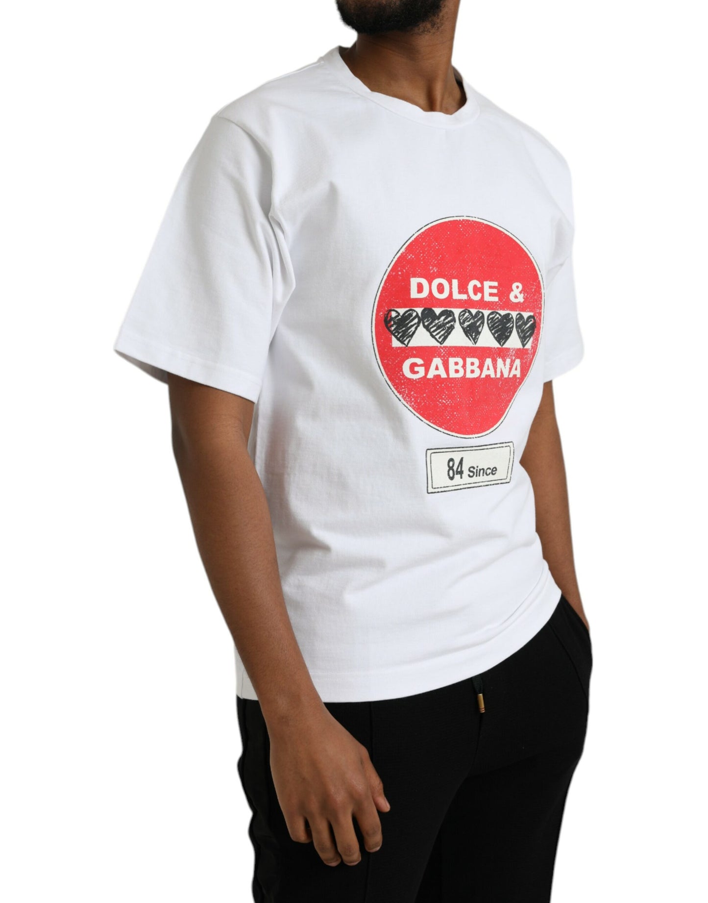 تي شيرت Dolce &amp; Gabbana White Amor Heart قطني بياقة دائرية وأكمام قصيرة