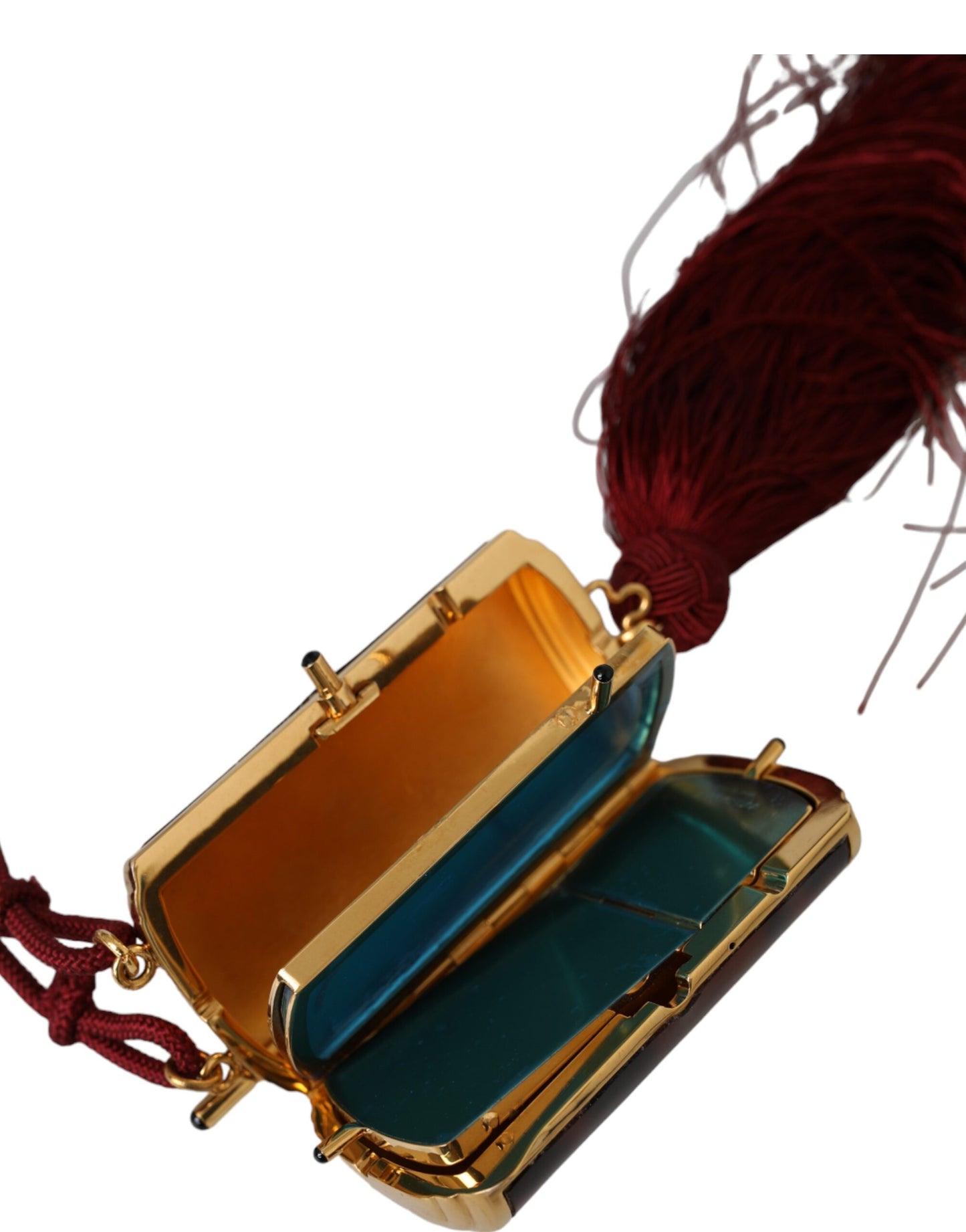 حقيبة دولتشي آند غابانا الصغيرة ذات المرآة البنية المزينة بنقشة جلد النمر مع شرابة لحمل المكياج