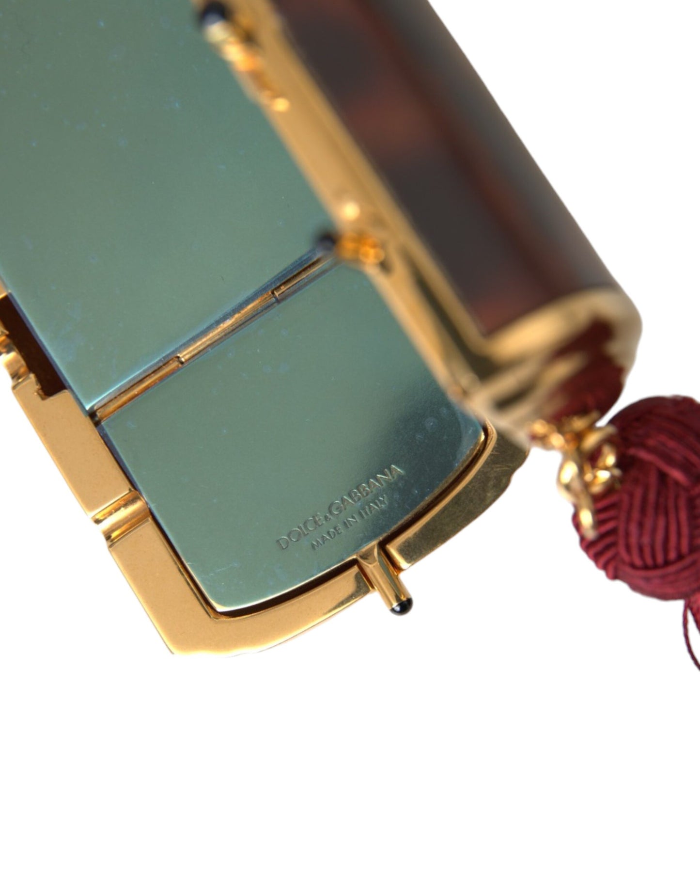 حقيبة دولتشي آند غابانا الصغيرة ذات المرآة البنية المزينة بنقشة جلد النمر مع شرابة لحمل المكياج