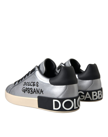 Dolce & Gabbana Silver Portofino Calf Leather Sneakers Men Shoes