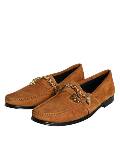 حذاء دولتشي آند غابانا بني مخملي من الجلد بشعار موكاسين سهل الارتداء