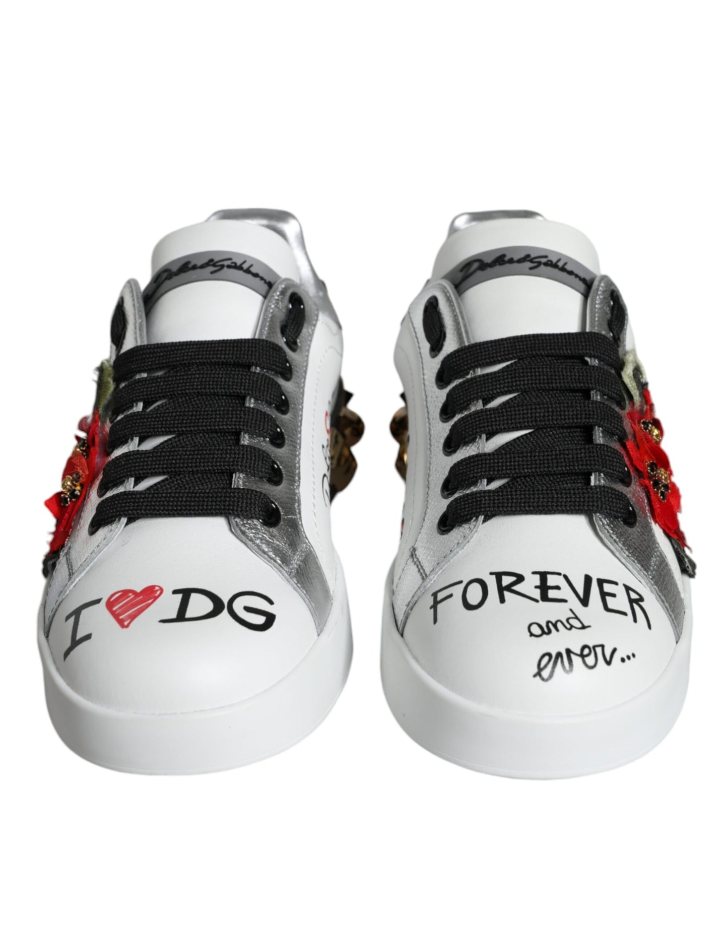 حذاء سنيكرز دولتشي آند غابانا أبيض من الجلد مرصع بالزهور