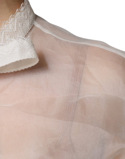 بلوزة دولتشي آند غابانا بيضاء بأكمام طويلة وياقة أسكوت