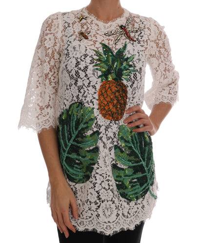 بلوزة دولتشي آند غابانا البيضاء المزينة بالكريستال من الدانتيل