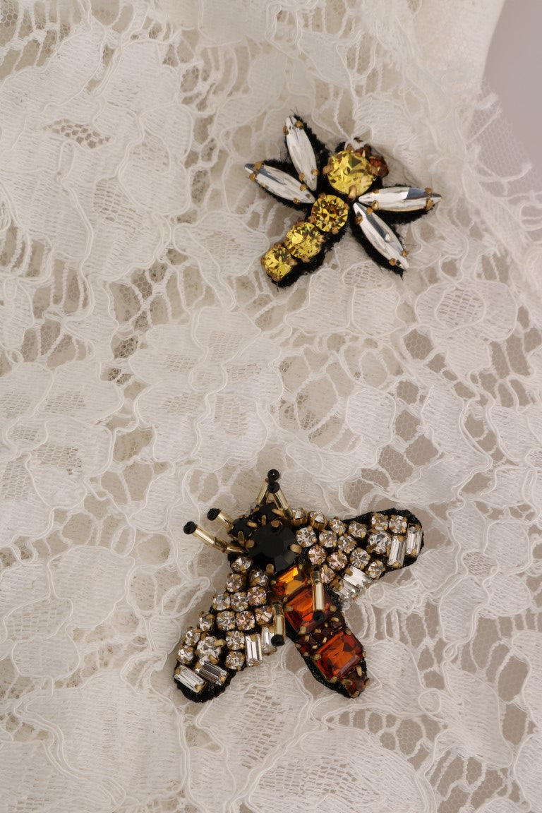 بلوزة دولتشي آند غابانا البيضاء المزينة بالكريستال من الدانتيل