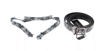 طقم هدايا من دولتشي آند غابانا، حزام من الجلد باللونين الأبيض والأزرق، مع ربطة عنق من الحرير