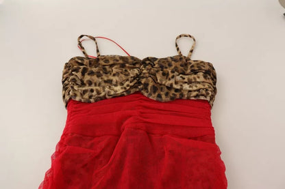 فستان دولتشي آند غابانا بني من قماش التول الأحمر بنقشة جلد النمر