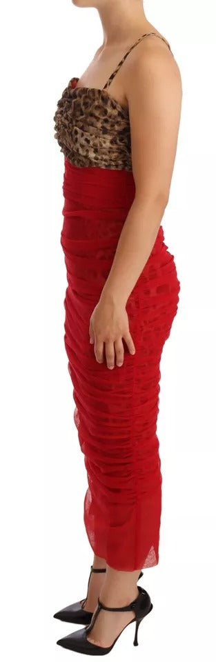 فستان دولتشي آند غابانا بني من قماش التول الأحمر بنقشة جلد النمر