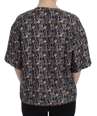 Dolce & Gabbana Gray Gold Key Print Silk Blouse T-shirt