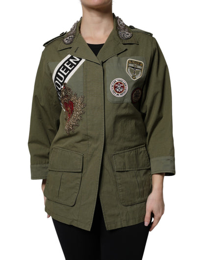Dolce & Gabbana Military Green Queen Embellished Coat Jacket