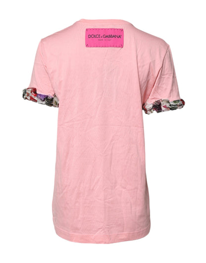 تي شيرت دولتشي آند غابانا وردي اللون من القطن برقبة دائرية وطبعة شعار