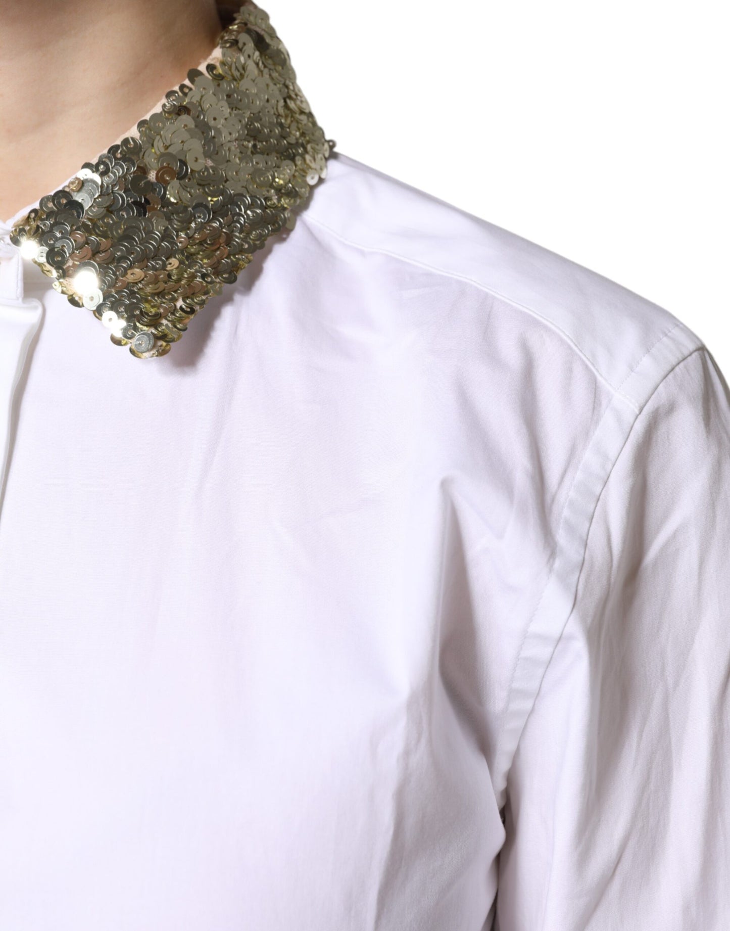 قميص دولتشي آند غابانا أبيض من القطن بأكمام طويلة ومزين بالترتر